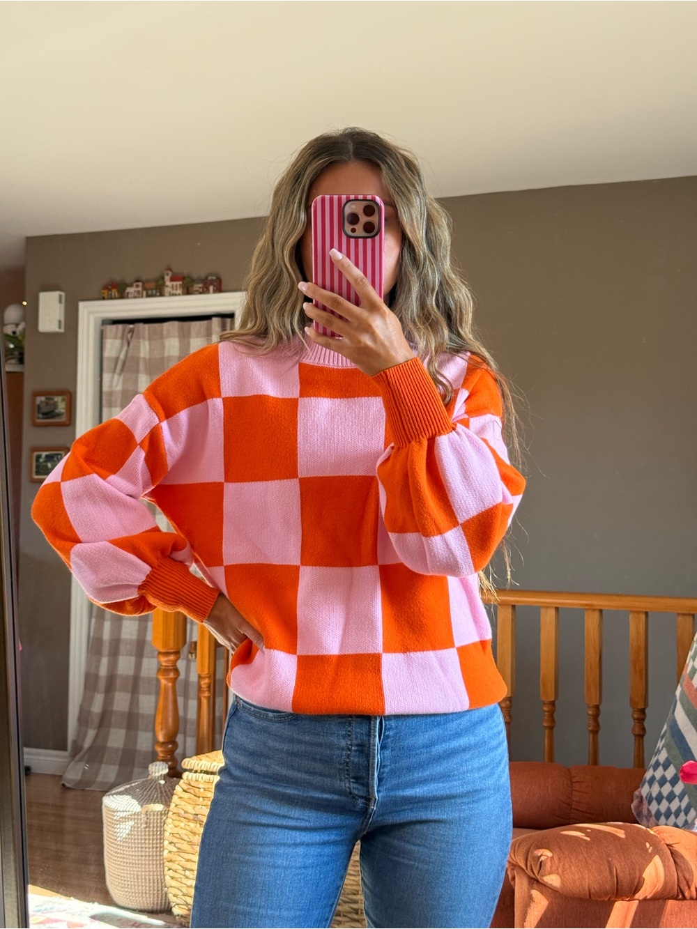 Checkerboard Mock Neck Knit Sweater - Pink & Orange